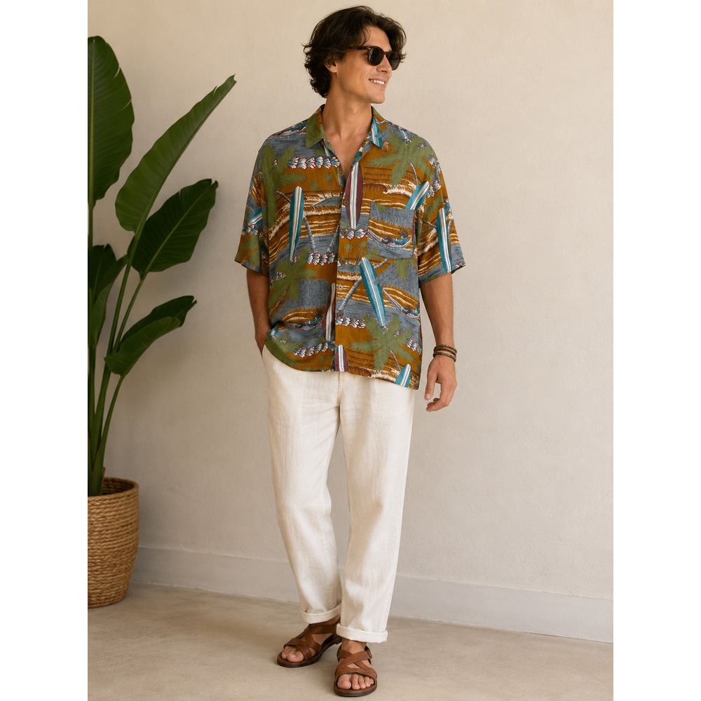 Las Manos Vintage Mens Hawaiian Shirt Rayon Surfboard Palm Tree Tropical Print S